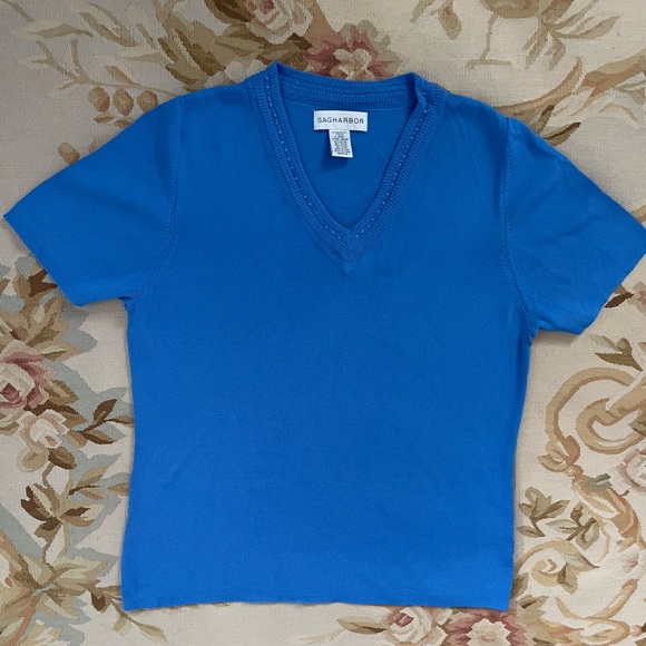Cornflower Blue Sag Harbor, XL short sleeve sweater with decorative neckline - Picture 6 of 6